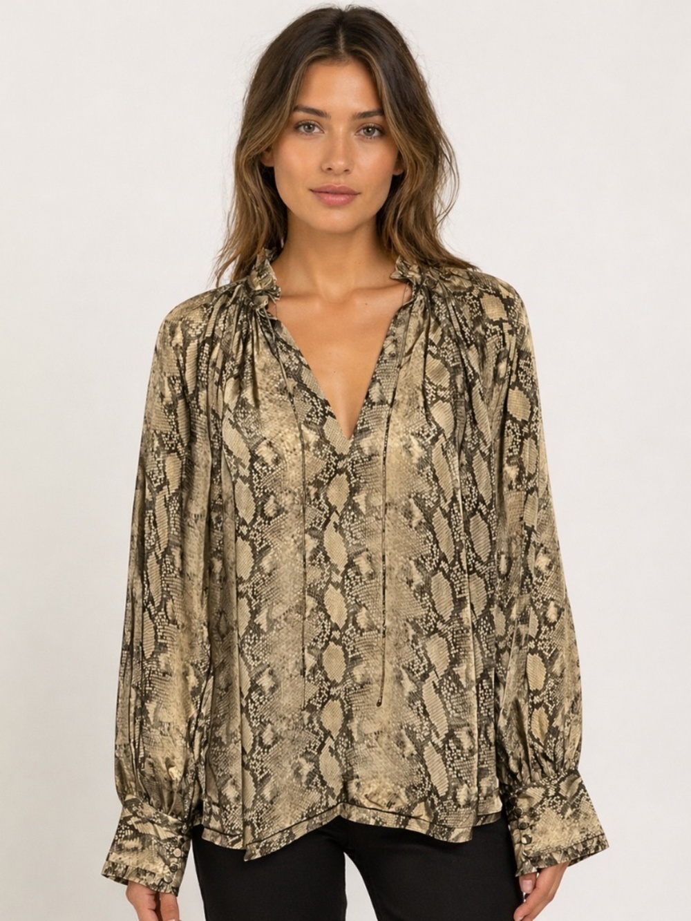 Jonathan Simkhai Snake Print Cupro Blouse Boho Ruffle Neck Peasant Top Medium